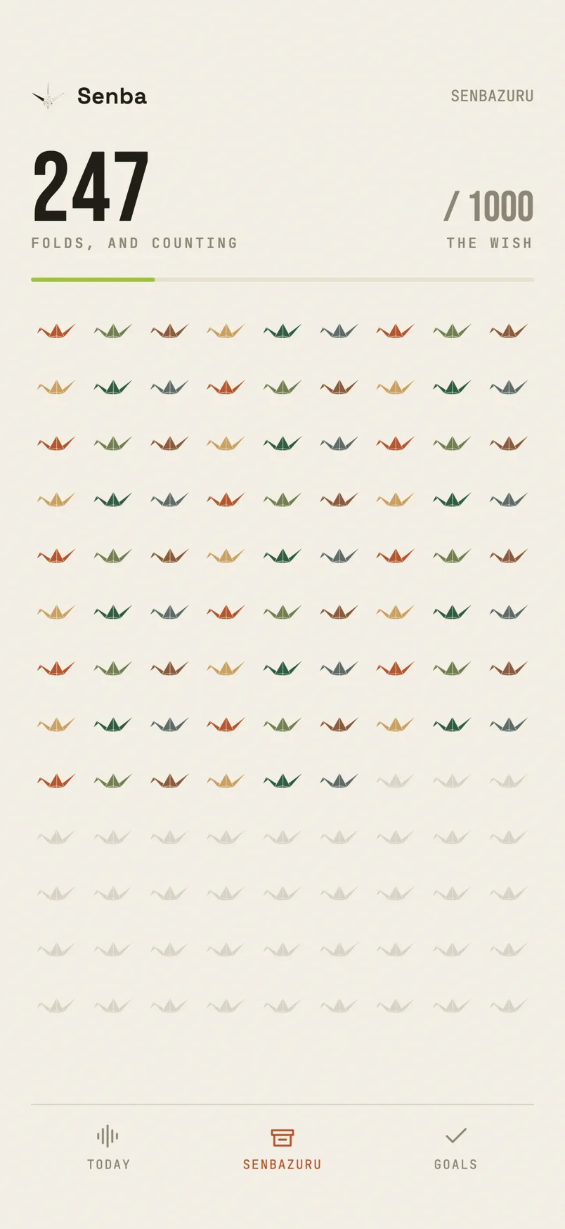 The senbazuru archive: 247 of 1000 folds shown as a grid of small paper cranes tinted by thread.