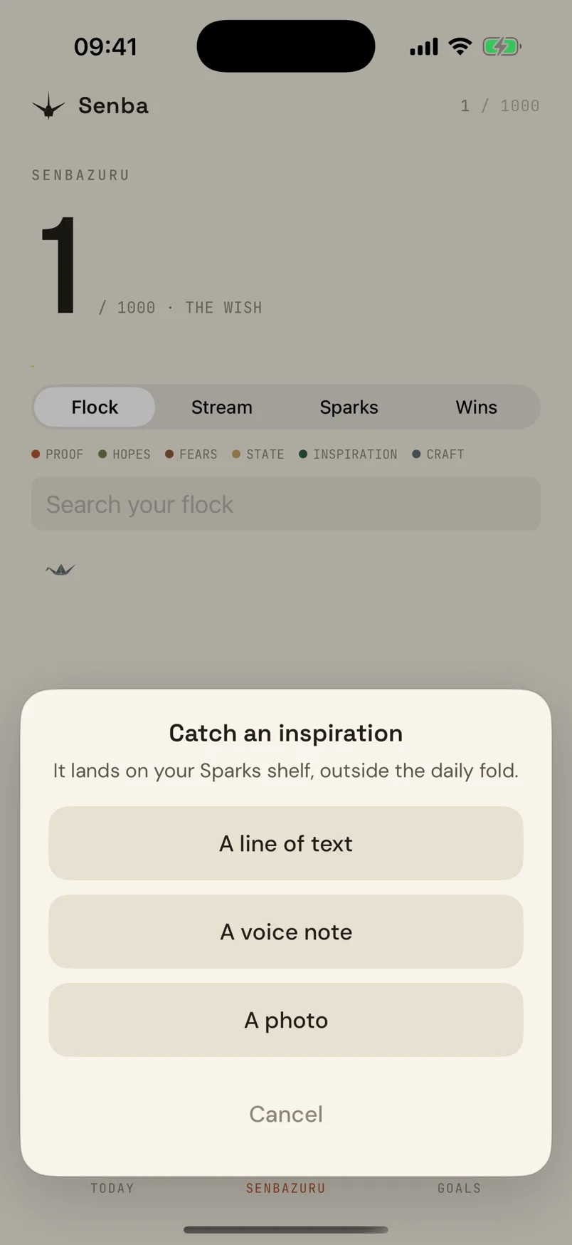 Catch an inspiration: choose a line of text, a voice note or a photo.
