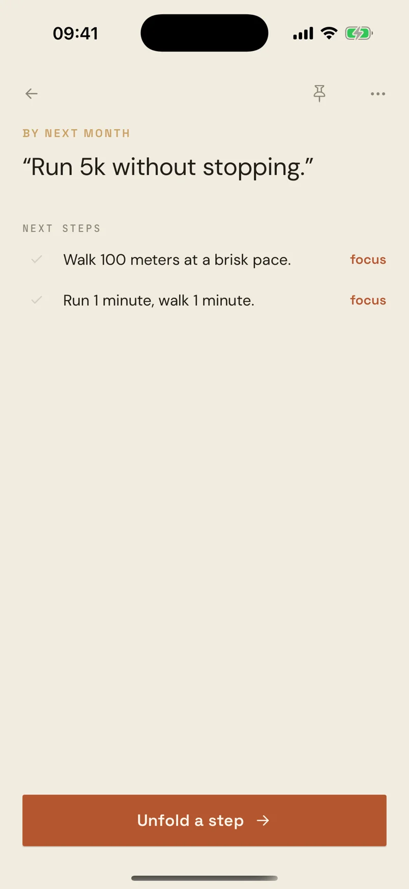 A goal with its next steps listed, each with a focus action.