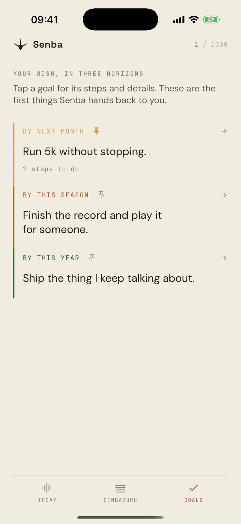 The Goals screen: three goals, one for each horizon, next month, this season and this year.