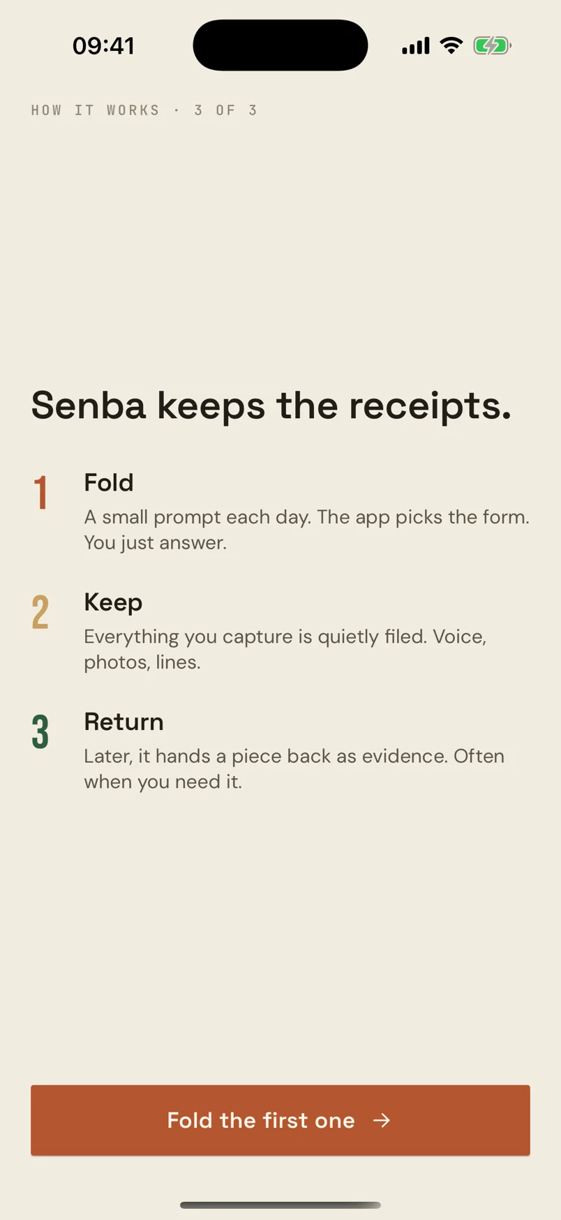 The onboarding screen explaining fold, keep and return.