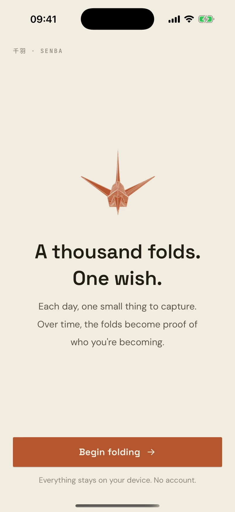 The Senba welcome screen with the terracotta crane crest and the line a thousand folds, one wish.