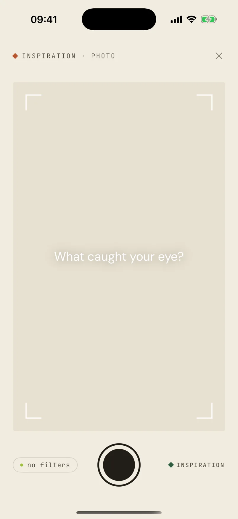The photo capture viewfinder with corner reticles and the prompt what caught your eye.