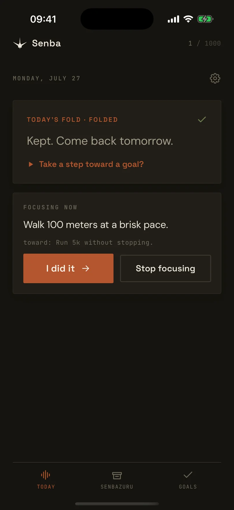 The Today screen in night mode, warm ink rather than cold black.