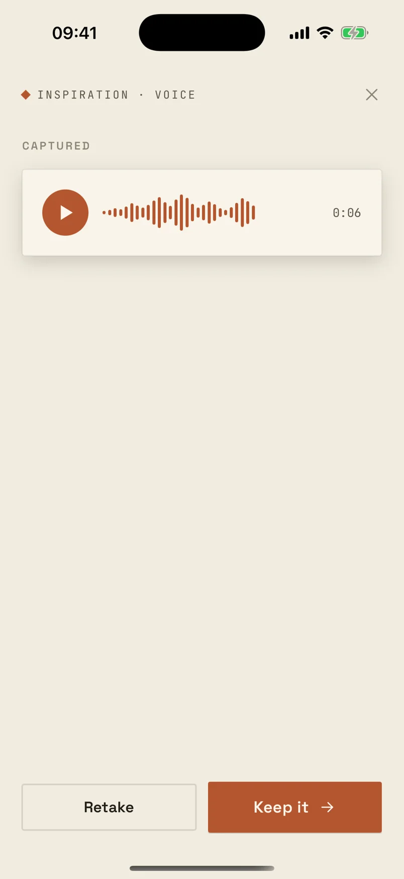 A captured six-second voice note with a play button and its waveform.