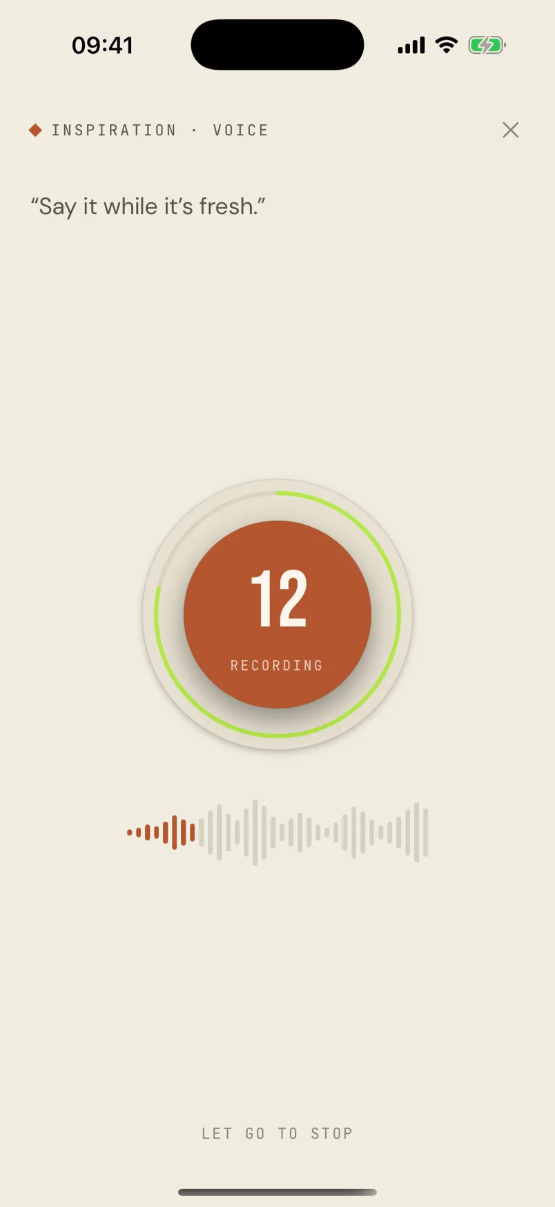 Recording: the dial turns terracotta, a neon countdown arc unwinds, and a live waveform moves below.